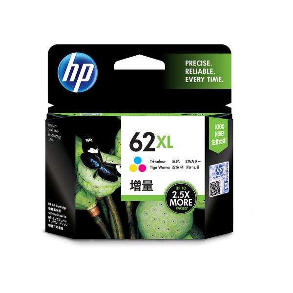 HP 62XL Original Tri Colour Ink cartridge C2P07AA, featuring vibrant colors and high yield for HP Envy printers.